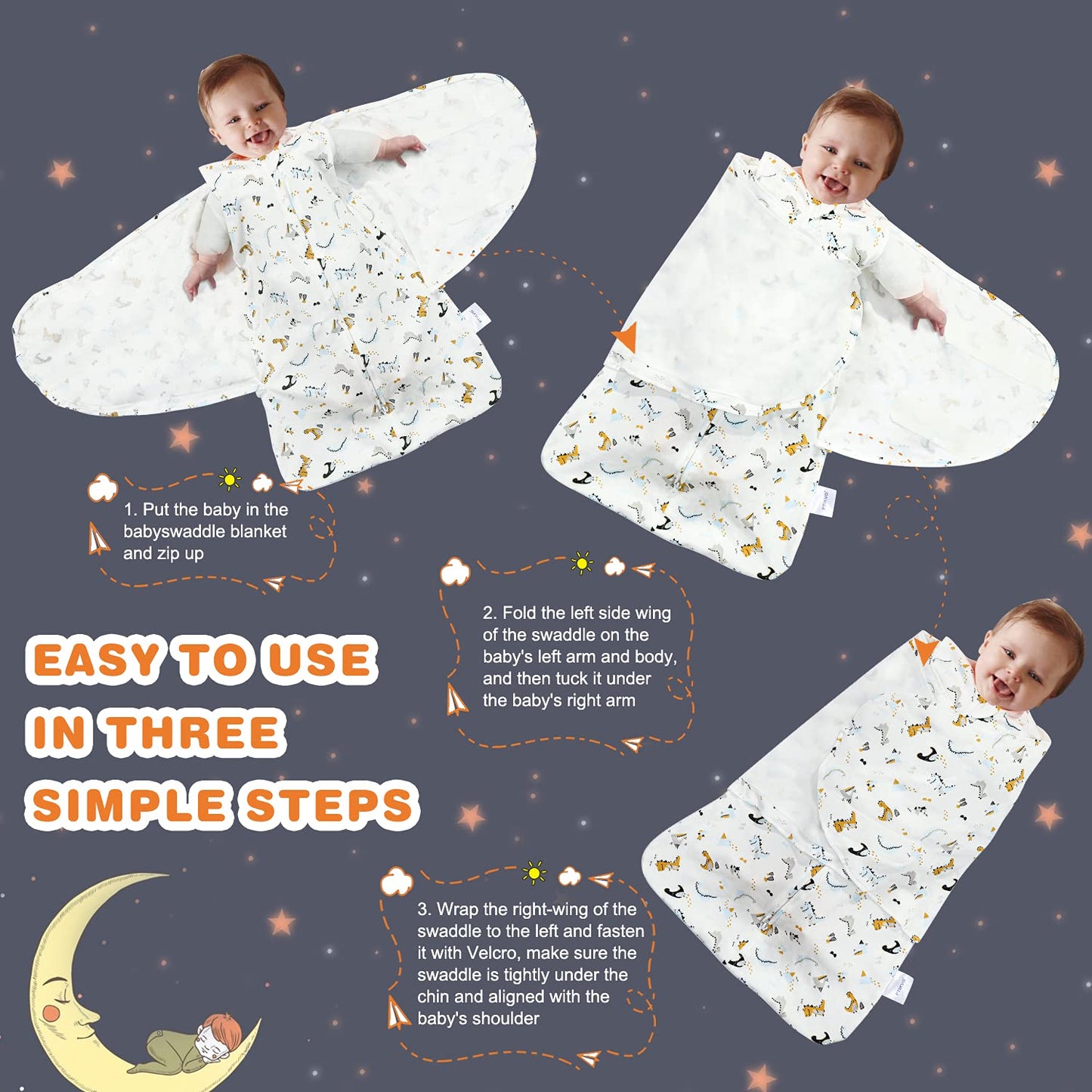 Swaddle-Blanket Baby Girl & Boy Swaddles Newborn Infant Transition 100% Cotton Wrap Blankets, 3-Way Adjustable Wearable Blanket, TOG 1.0 (Dinosaur, Small, 0-3 Month)