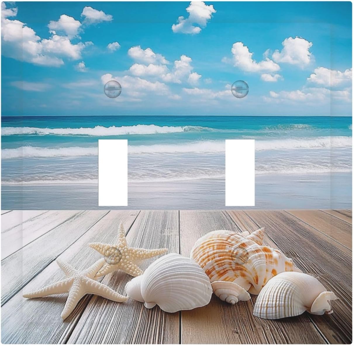 Decorative Switch Plates Beach Waves Brown Wood Starfish Shells 2 Gang Double Toggle Outlet Light Switch Cover Wall Plate Electrical Faceplate For Bathroom Living Room Decor