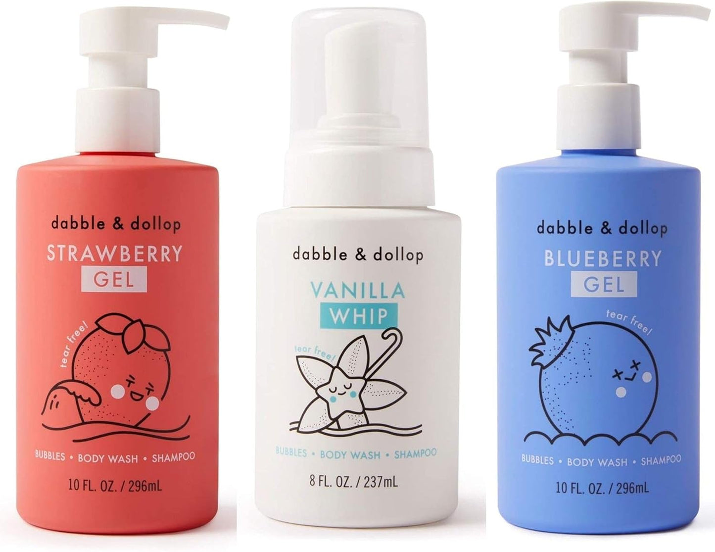 Dabble & Dollop USA Bundle, 3-in-1 Natural Bubble Bath, Body Wash & Shampoo for Kids, USA-Made, Paraben & Sulfate Free, Vegan, Tear-Free, Strawberry, Vanilla & Blueberry (Set of 3)