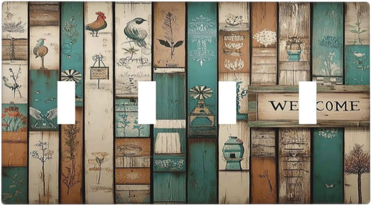 Light Switch Covers Vintage Wood Brown Turquoise Splicing Quad Toggle Electrical Faceplate 4 Gang Wall Plate Decorative Switch Plates For Farmhouse Cabin Decor