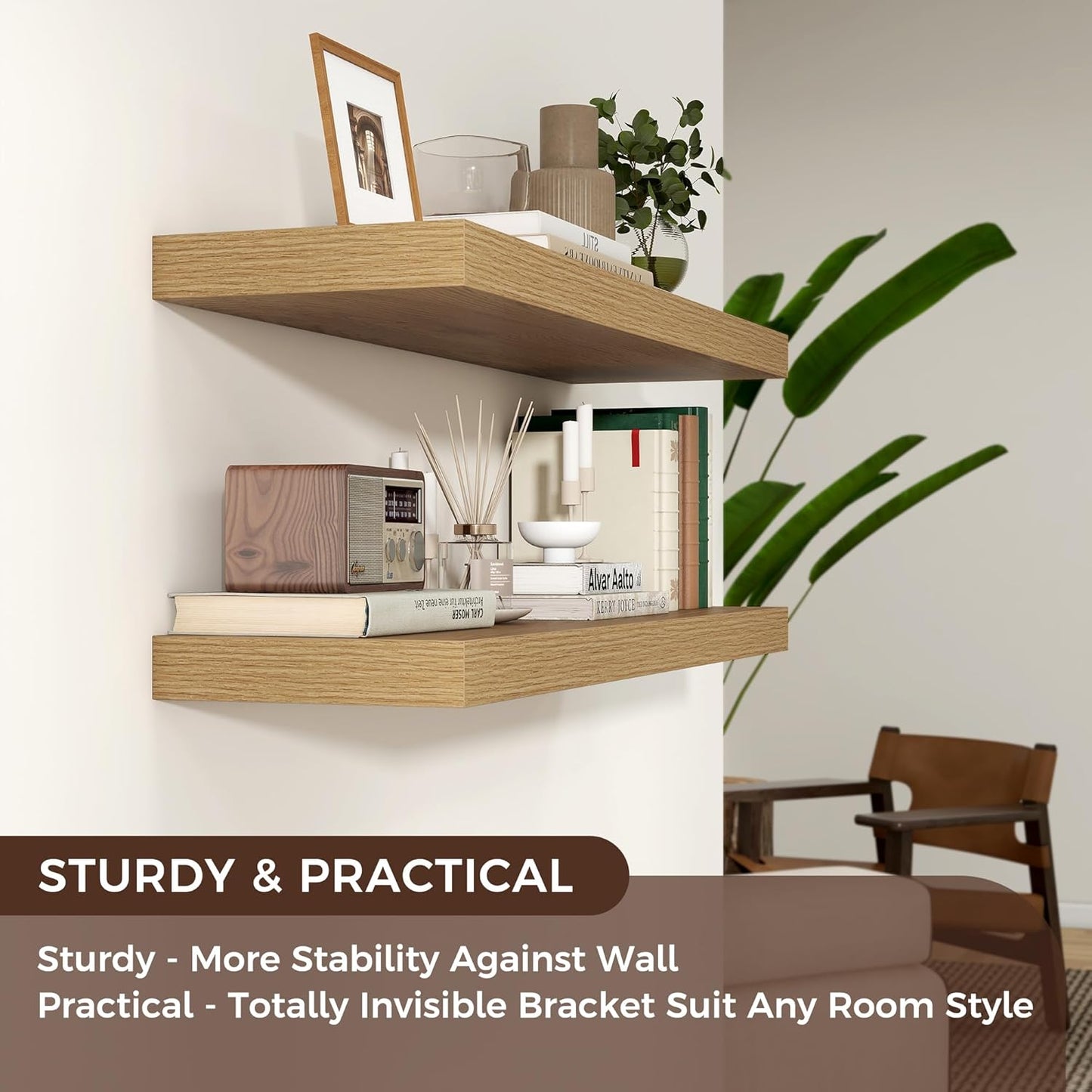 Floating Shelves - 2 Large Wall Mounted Shelves with Invisible Brackets, Long Wood Floating Wall Shelf for Living Room, Bedroom, Kitchen (Oak, 48" W x 9" D x 1.5" H)