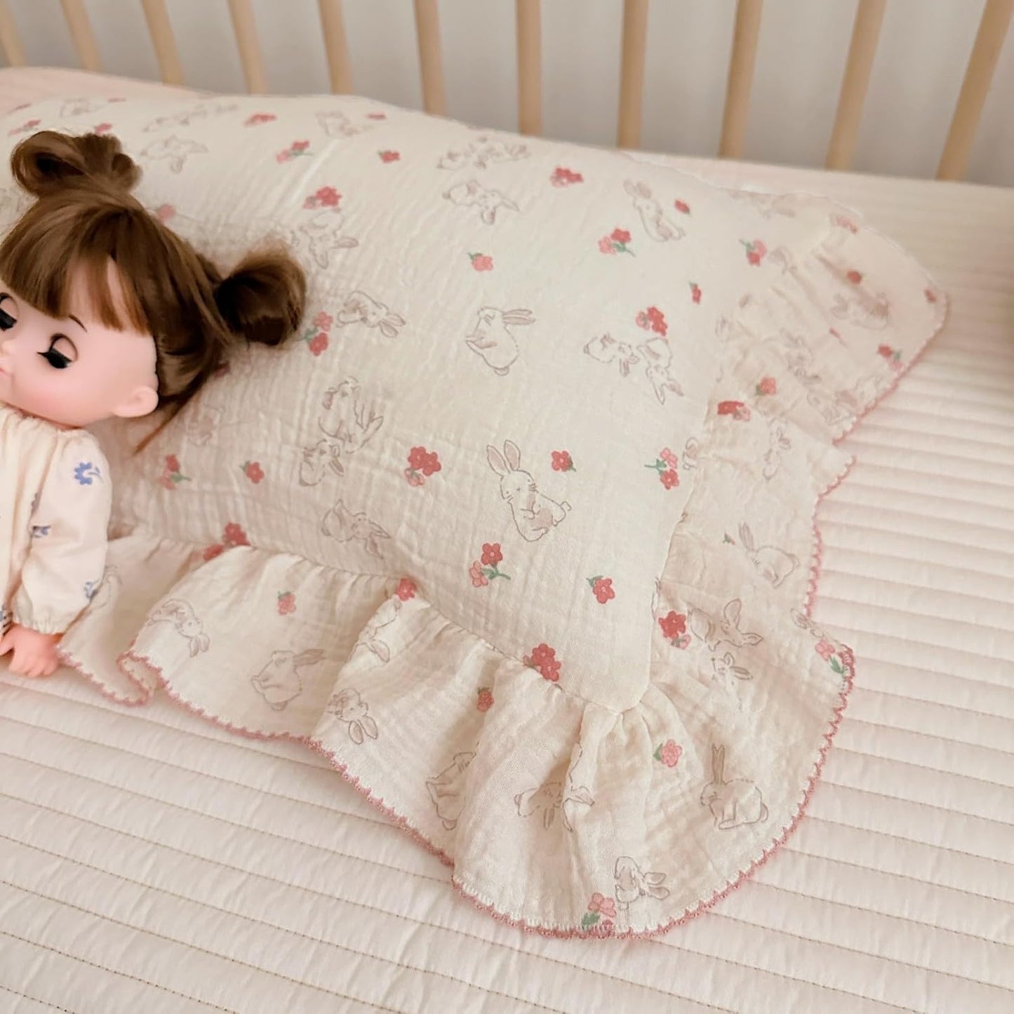 BuLuTu Cute Flower Rabbit Toddler Pillowcase for Girls Boys Soft Breathable Muslin Cotton Kids Pillow Covers, Animal Themed Small Pillow Case for Crib/Toddler Bed, 14"x20", Envelope Closure