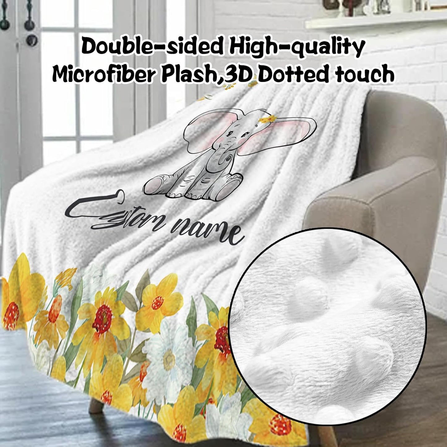 Custom Nursery Crib Bedding Set: 4 Piece Yellow Floral Elephant Design Baby Crib Sets for Girls with Personalized Name - Toddler Double Layer Blanket Set, Comfortable Crib Bed Sheets for Baby Toddlers