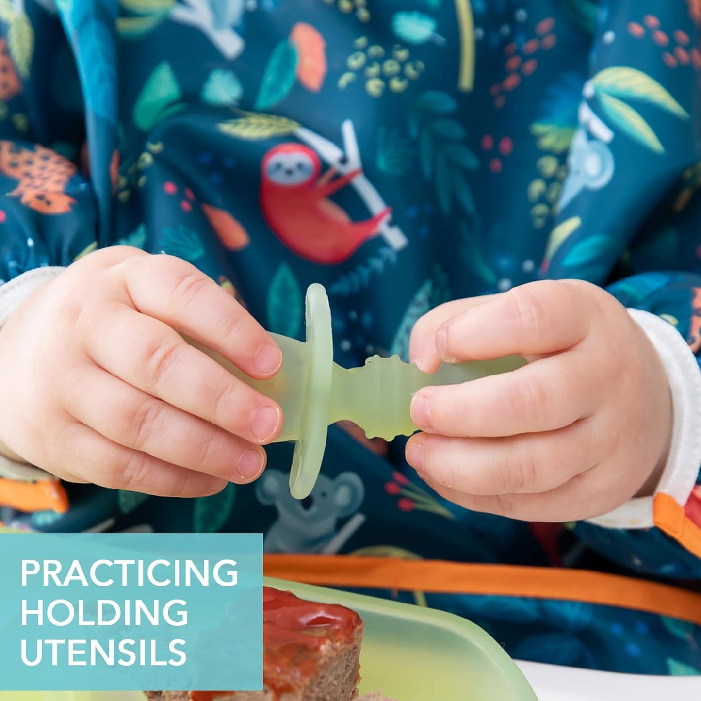 Bumkins Baby Utensils Set, Chewtensils Silicone Spoons for Dipping, Self-Feeding, Baby Led Weaning, Trainer Learning, First Stage Eating, Soft Practice Fork and Spoon, Babies 6 Months, Green Jelly