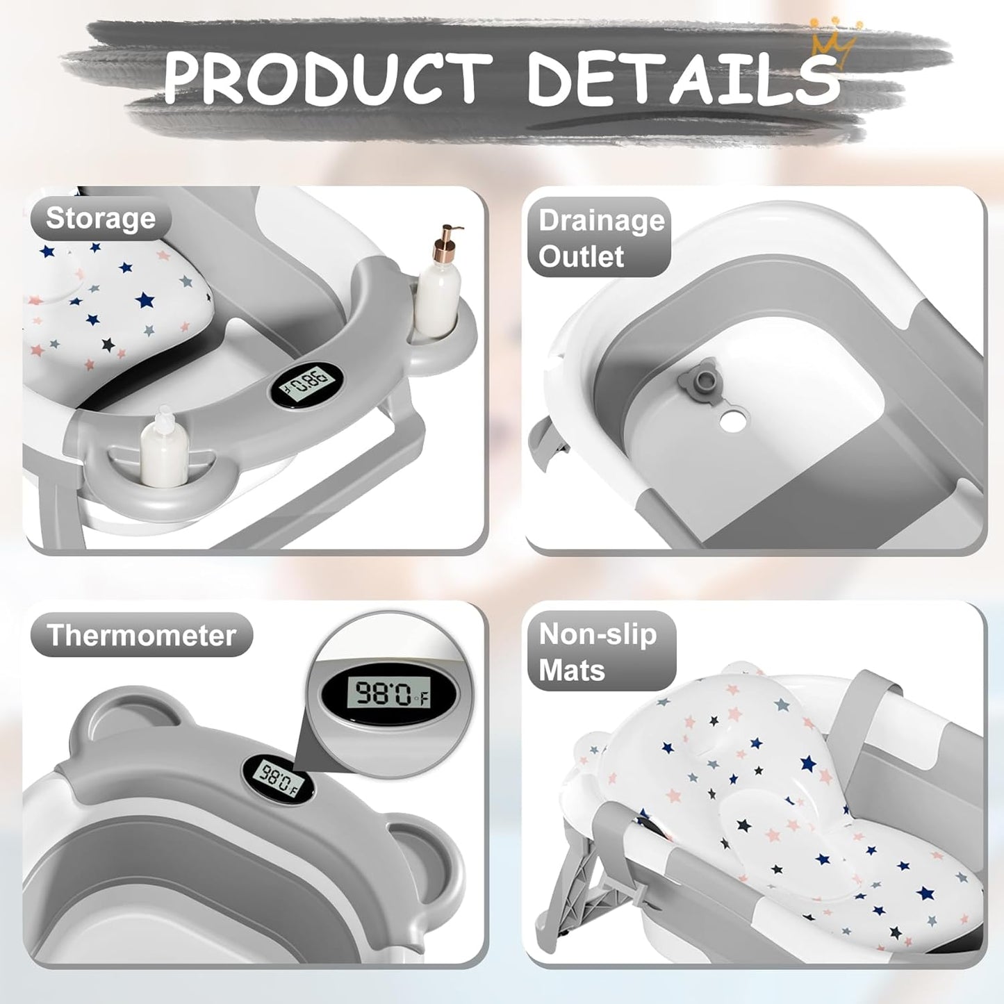 TPN Collapsible Baby Bathtub, Baby Bath Tub with Soft Cushion & Real-Time Thermometer, Baby Bathtub Infant to Toddler Tub (0-36 Months), Portable Newborn Travel Bath tub