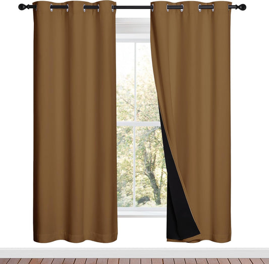 NICETOWN Full Shade Curtain Panels, 37" Wide x 70" Long, Gold Brown, Pair of Thermal Insulated & Energy Efficiency Blackout Drapes for Living Room, Lined Silky Performance Window Dressing