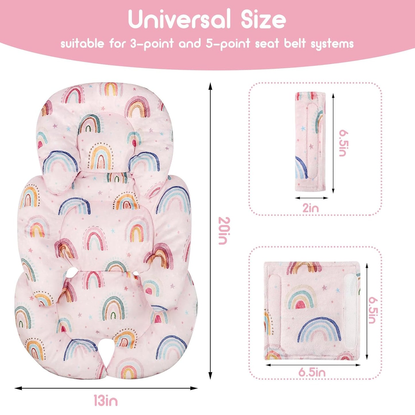 Infant Car Seat Insert, Car Seat Head Support Baby Girls Boys, Soft & Reversible Newborn Carseat Insert Cushion with 2 Strap Covers, for Stroller, Swing, Bouncer (Pink Rainbow)