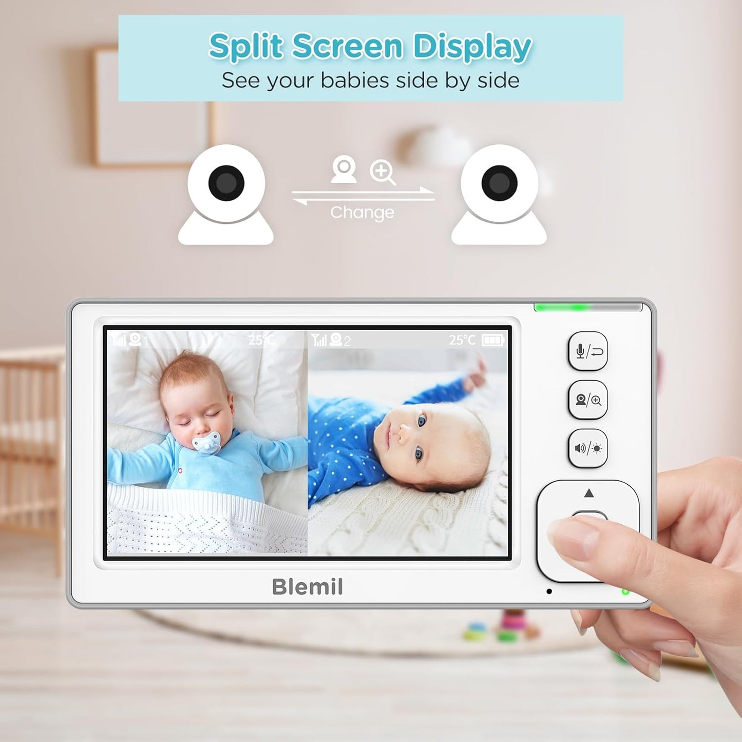 Baby Monitor with 2 Cameras and Audio, 4.3'' IPS Split-Screen Monitor with 29-Hour Battery, 1000ft Range Pan-Tilt-Zoom Video Baby Monitor No WiFi, 2X Zoom