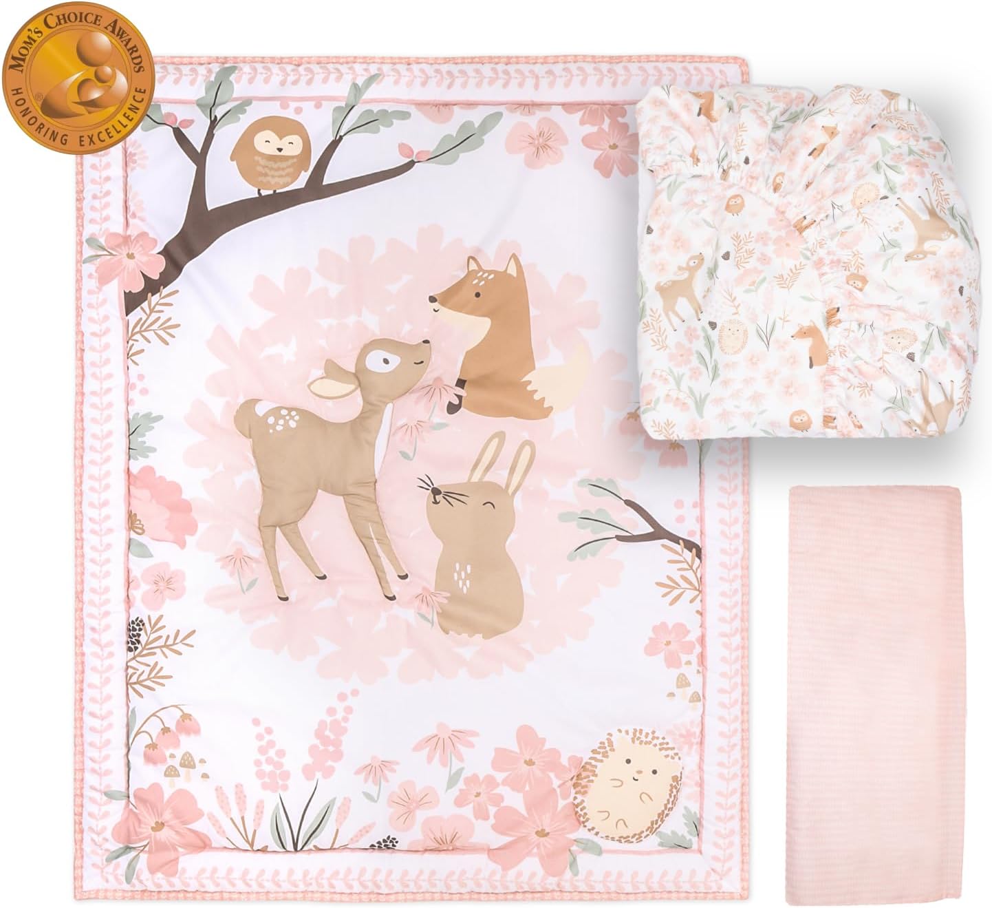 The Peanutshell 3 Piece Baby Crib Bedding Set for Girls - Newborn, Infant & Toddler Nursery Bed Set Decor with Fitted Crib Sheet, Dust Ruffle Comforter - Fairytale Forest