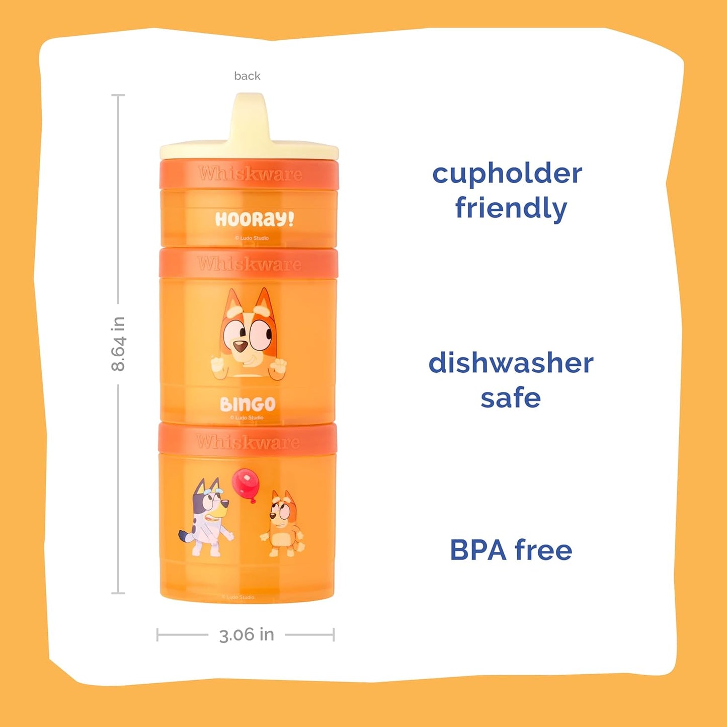 Whiskware Bluey Stackable Snack Containers for Kids and Toddlers, 3 Stackable Snack Cups for School and Travel, Bluey and Bingo, Hooray!