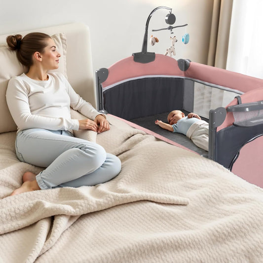 5 in 1 Baby Crib,Baby Bassinet, Bedside Cribs, Pack and Play with Changing Table, Portable Travel bedToys & Music Box,Mattress for Girl Boy Infant Newborn (Pink)