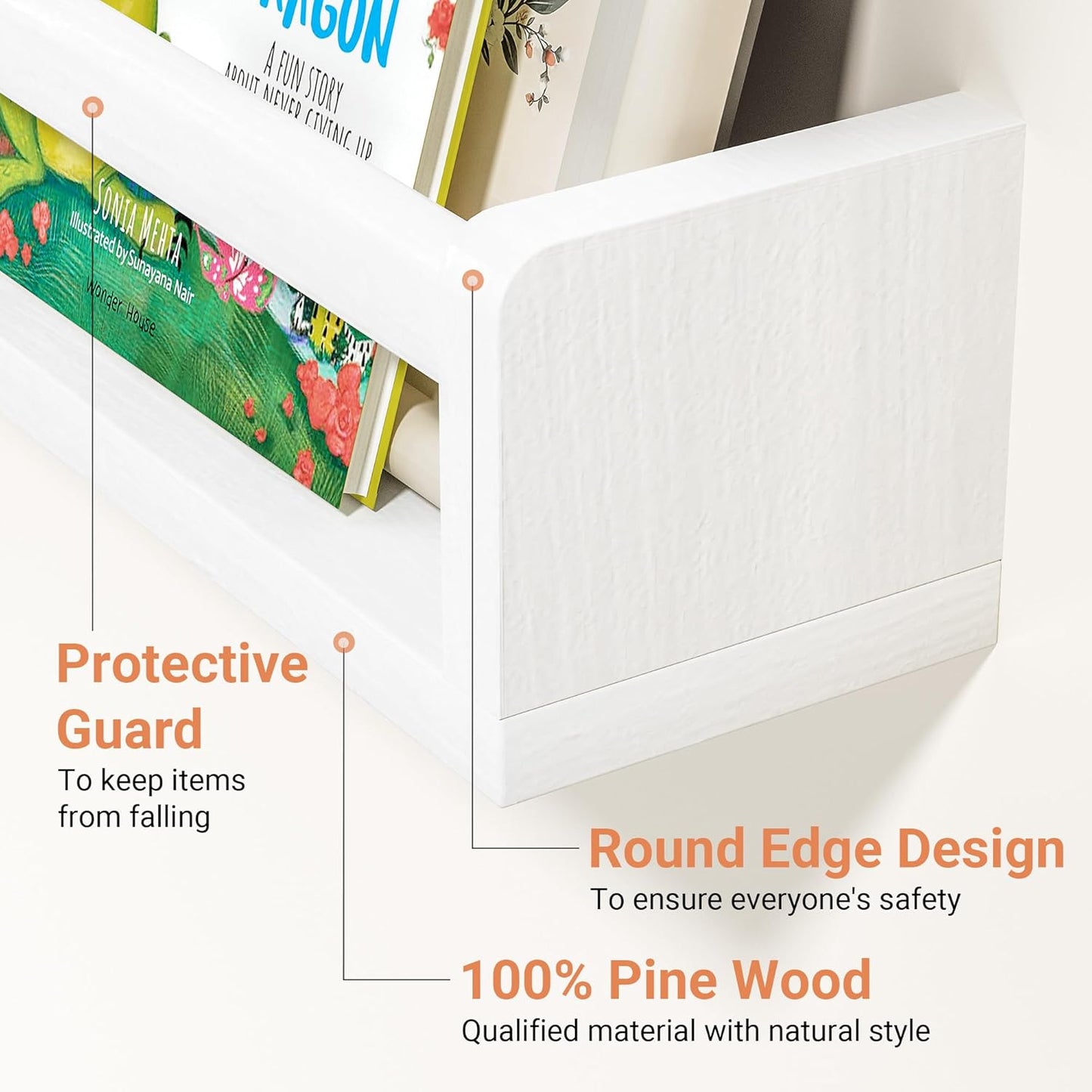 Heimlove Nursery Floating Shelves, White Nursery Book Shelves for Wall, 32 inch Wall Bookshelf for Kids Solid Wood Wall Mounted Shelves for Books,Toys and Decor Storage, Set of 3