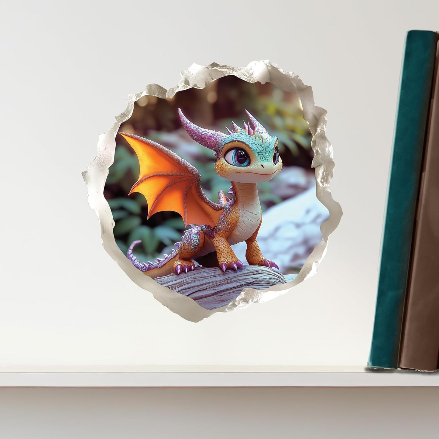 Baby Dragon 3D Wall Decal – Cute Fantasy Sticker with Torn Wall Effect – 4.7W x 4.5H inches