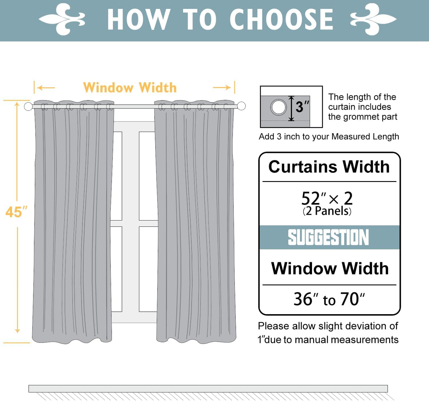 ChrisDowa Blackout Curtains 45 inches Long for Bedroom - 2 Panels Set Grommet Thermal Insulated Room Darkening Curtains for Living Room (Grey, 52 x 45 Inch)