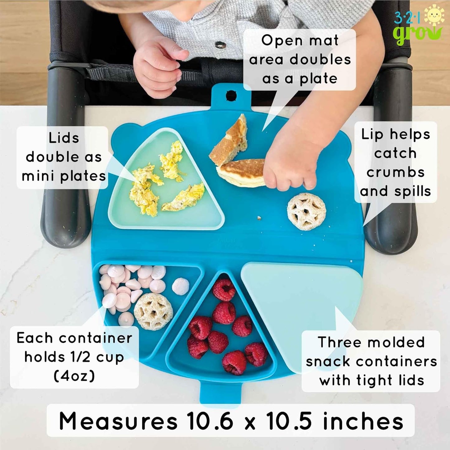 Silicone On-The-Go Snack Mat – Foldable Reusable Placemat with 3 Compartments and Lids – Travel-Friendly Baby and Toddler Snack Plate – Dishwasher Safe (Plum)