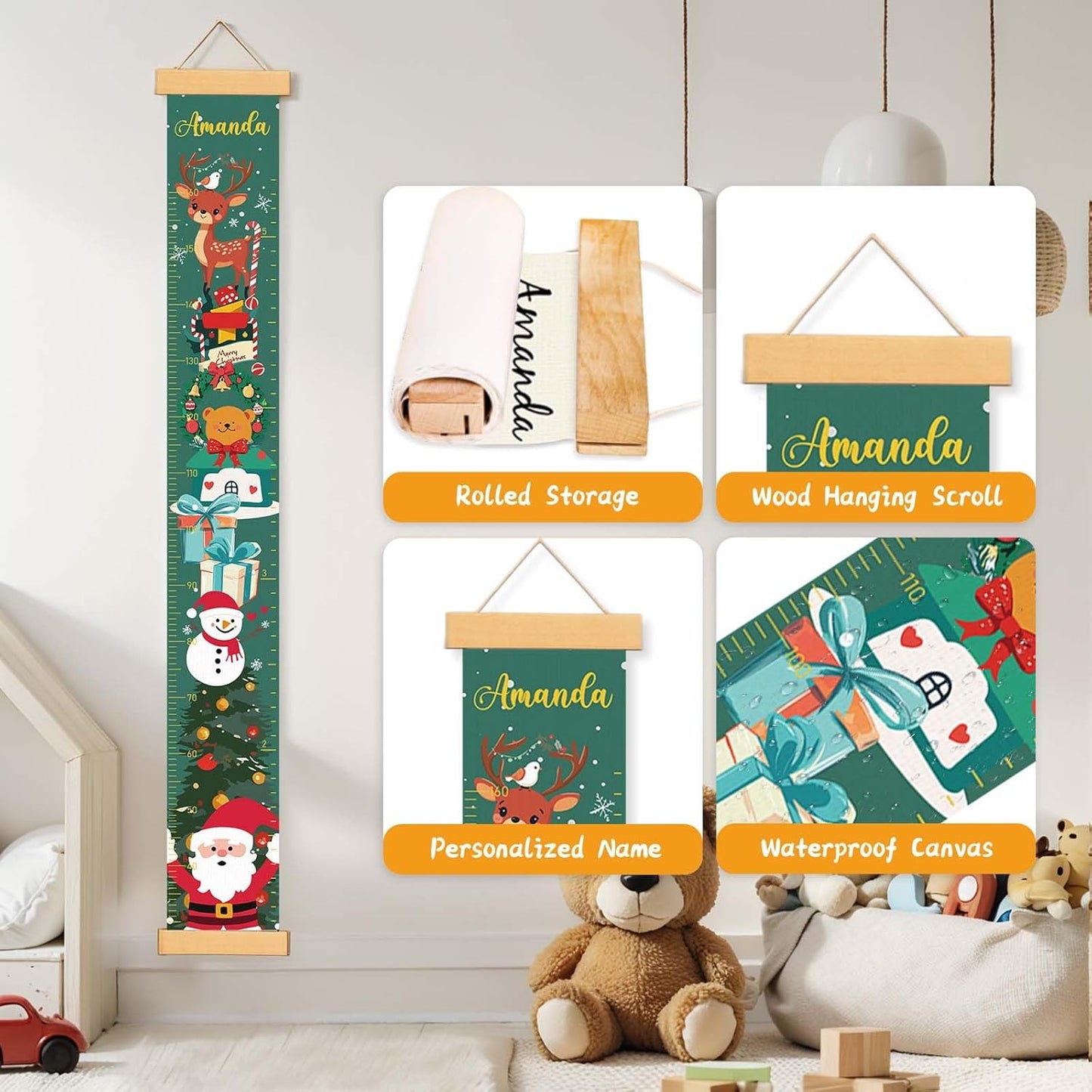 Personalized Name Growth Chart for Wall, Christmas Deer Height Chart, Waterproof Canvas Measure Wall Ruler Removable, Nursery Wall Decor for Baby Kids Toddlers,Christmas Gifts for Kid