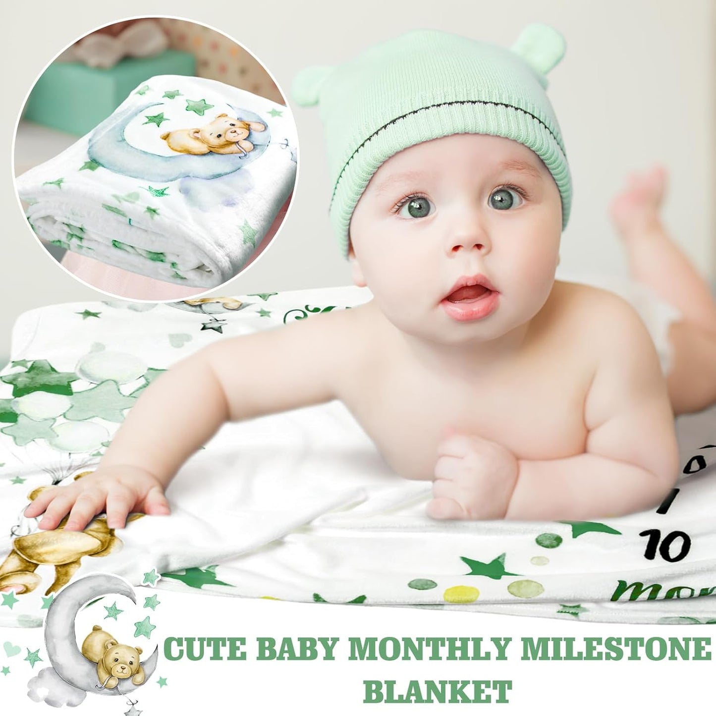 Sleeping Bear Monthly Baby Milestone Blanket Bear Star Balloon Flannel Blanket Boy Newborn Infant Swaddle Growth Chart Baby with Frame for Boys Girls Nursery (Green)