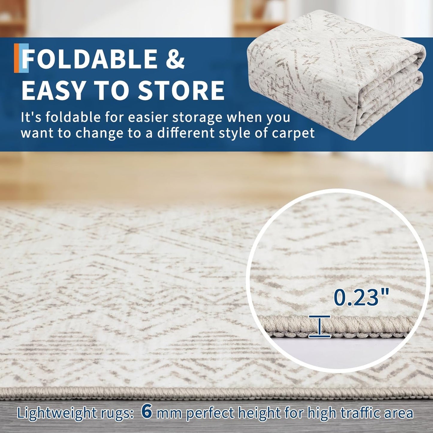 COZYLOOM Runner Rug 2x6 Living Room Washable Rugs Stain Resistant for Bedroom Soft Floor Carpet Non Slip Distressed Geometric Carpet for Dining Room Laundry Room Office, Ivory