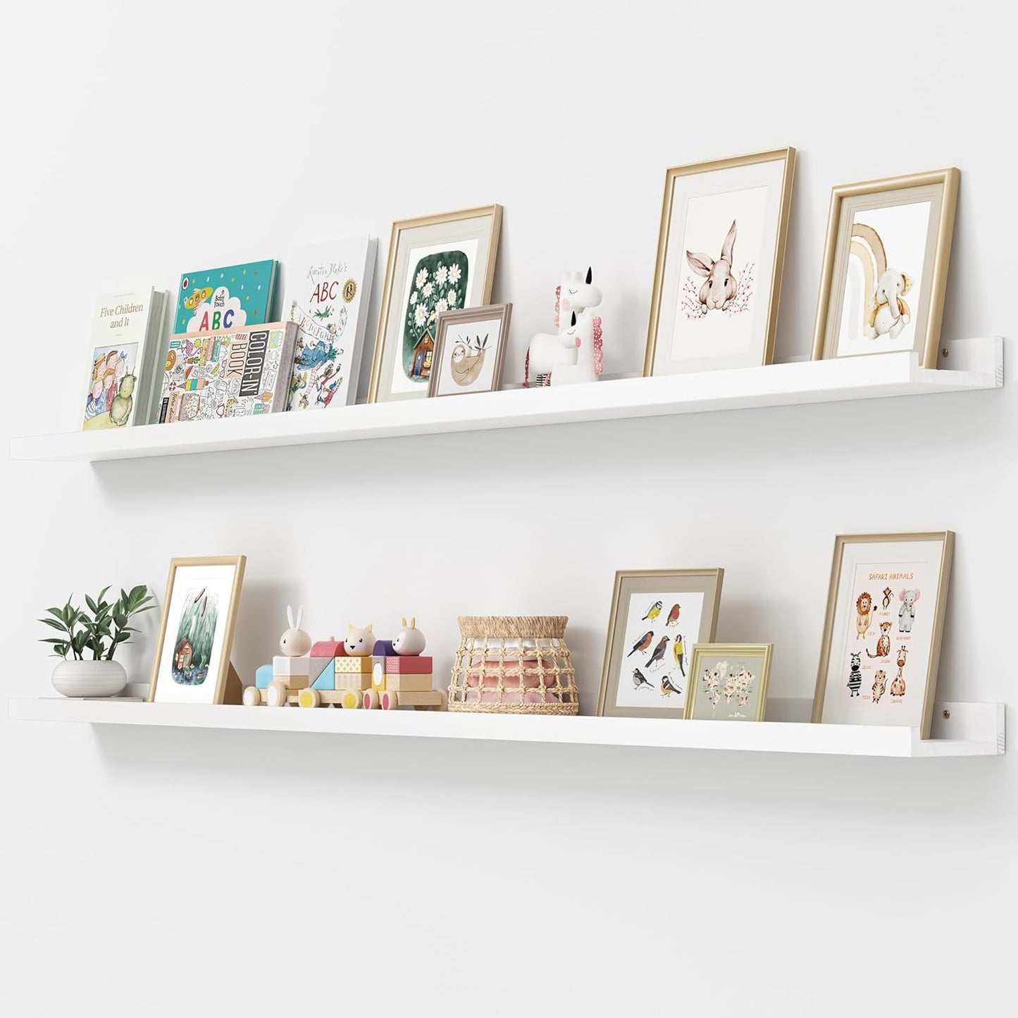 Picture Ledge Shelf, Floating Shelves Set of 2, Solid Pine Wood 72'' Long Large Nursery Book Shelves for Toys Storage, Kids Bookshelf for Living Room Bedroom Decor Books Photo Frames, White