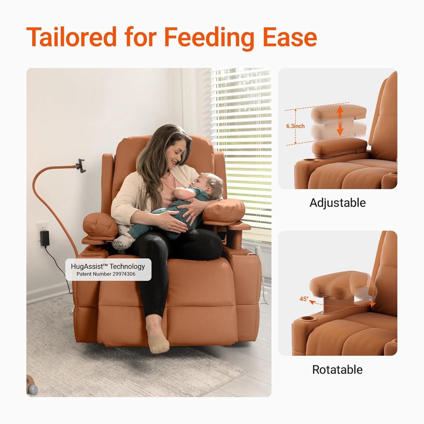 Rocking Chair Nursery with Adjustable Armrests, Electric Glider Recliner Nursing Chair for Breastfeeding, Power Swivel Recliner Chairs with USB Port and Storage, FSC Certified (Mocha)