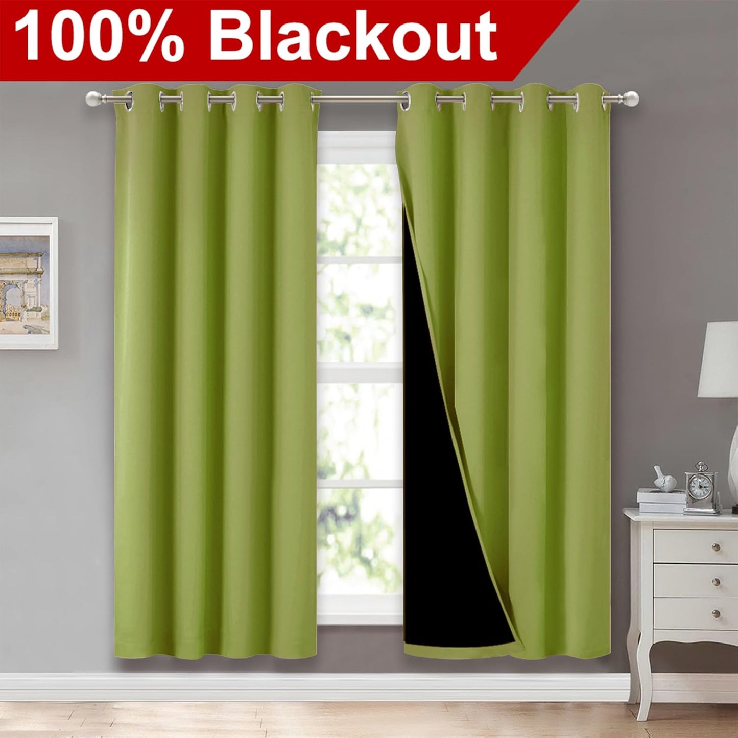 NICETOWN 100% Blackout Window Curtain Panels, Fresh Green, 2 Pieces, 52-inch Wide Per Panel, Full Light Blocking Drapes with Black Liner for Nursery, 72-inch Drop Thermal Insulated Draperies