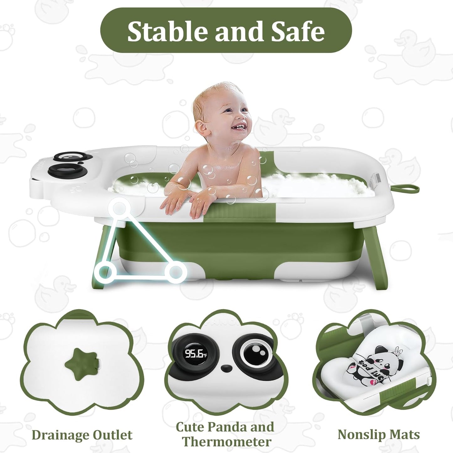 Foldable Baby Bathtub, Lightweight Bathtub for Infants to Toddlers with Soft Cushion & Thermometer, Portable Baby Tub Newborn to Toddler 0-36 Months(Green)