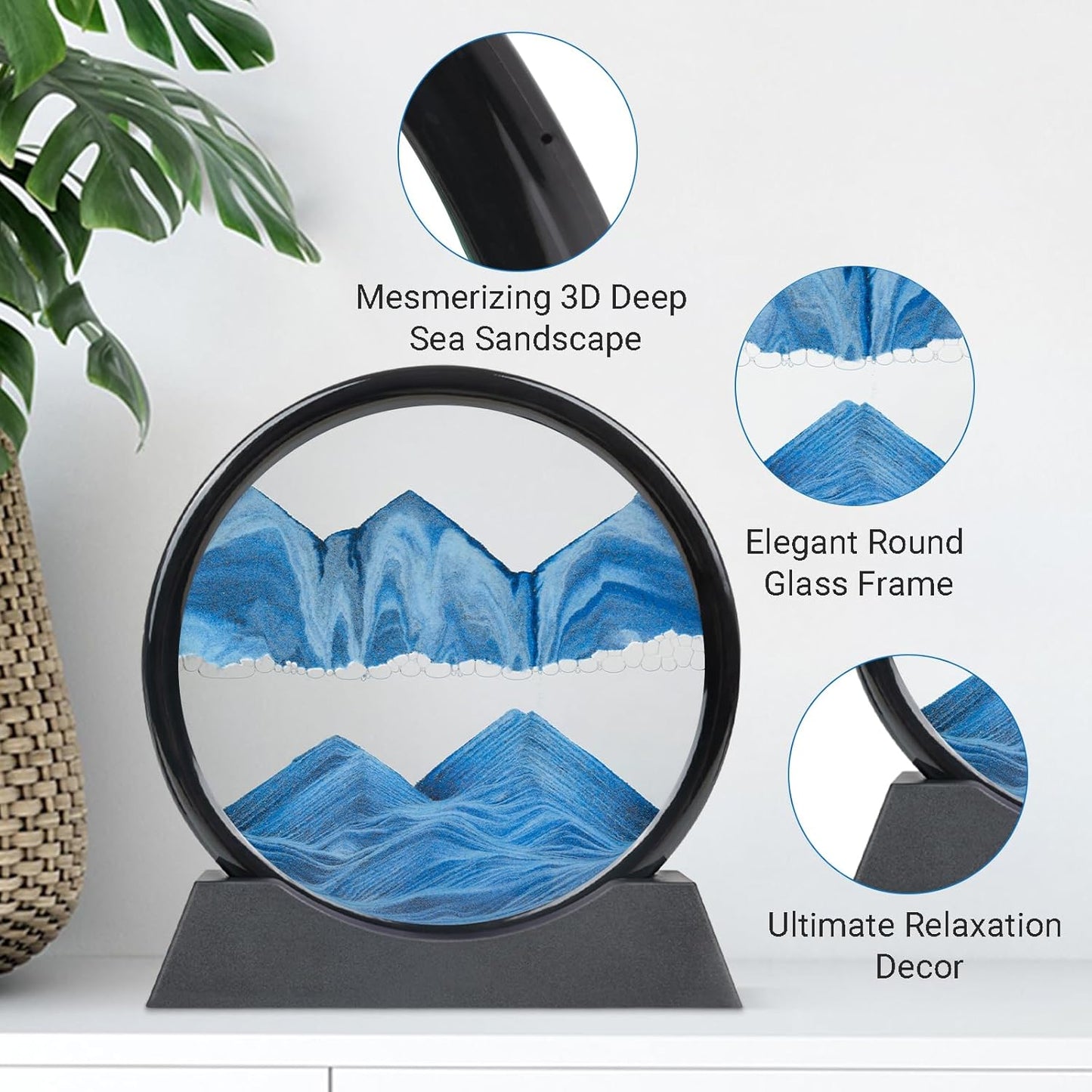 Drakswet Moving Sand Art Liquid Motion，Moving Sand Art Picture-3D Deep Sea Sandscape，Round Glass Frame Display Flowing Sand Relaxing Desktop Home Office Work Decor (12inch Blue)