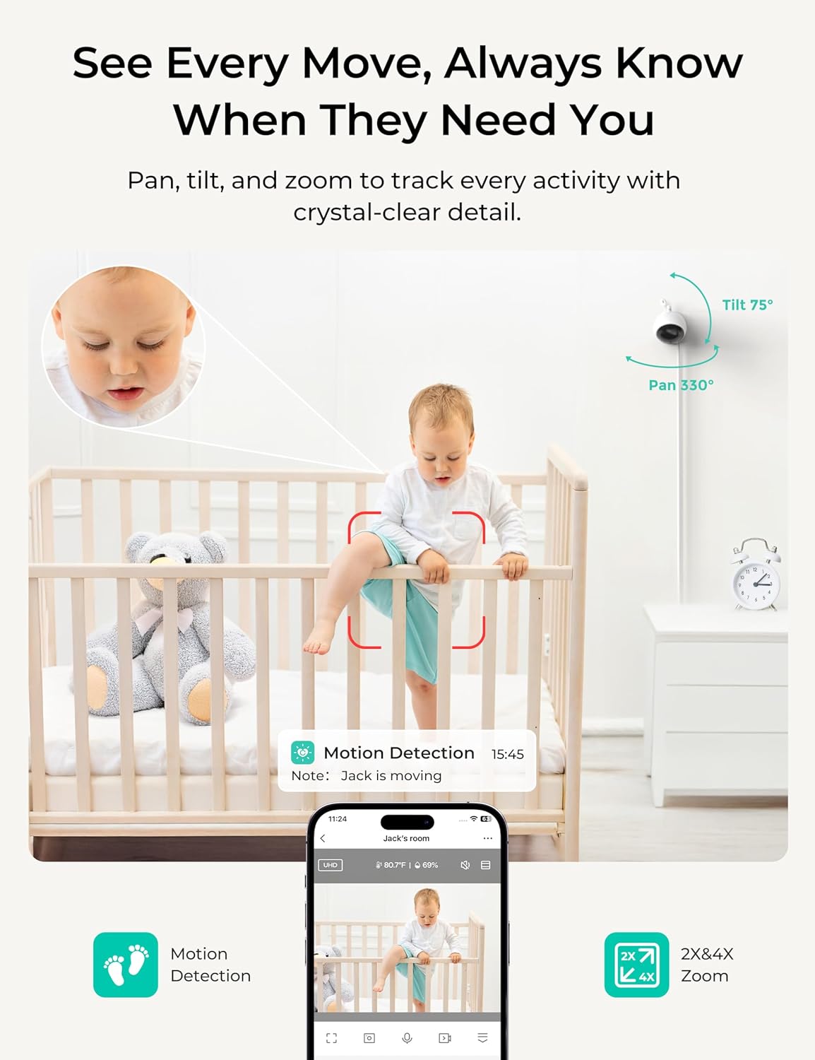 VistaView Lite Smart WiFi Baby Monitor - 4” 720P Split Screen & 1080P Camera App Control, Motion Alerts, HD Night Vision, 3000mAh Battery, 2-Way Talk, Multi-User, Triple Security, 1000ft Range