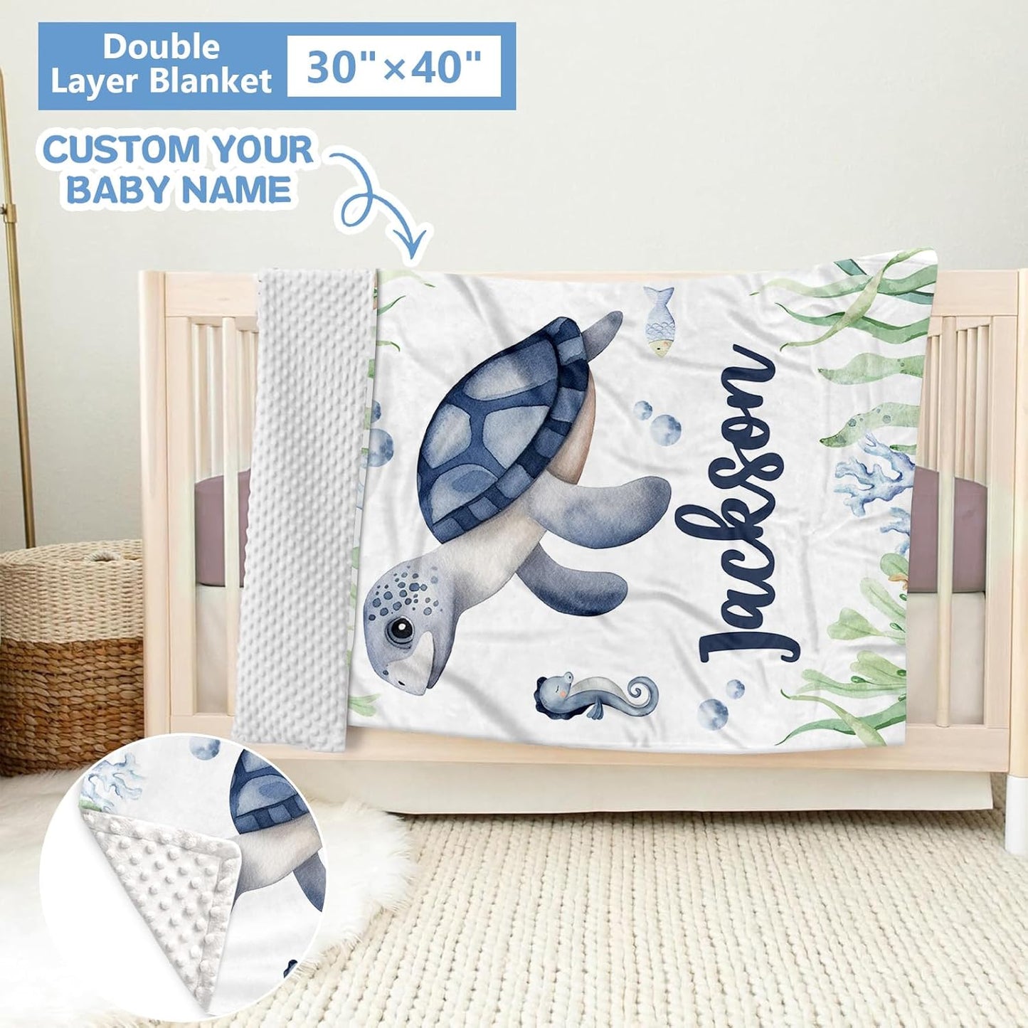 Personalized Baby Crib Bedding Set, 5 Pcs Custom Name Baby Bedding Set, Double Layer Nursery Bedding Set, Ocean Animal Baby Crib Set for Girls Boys, Gift for Toddler Infant Baby New Parents