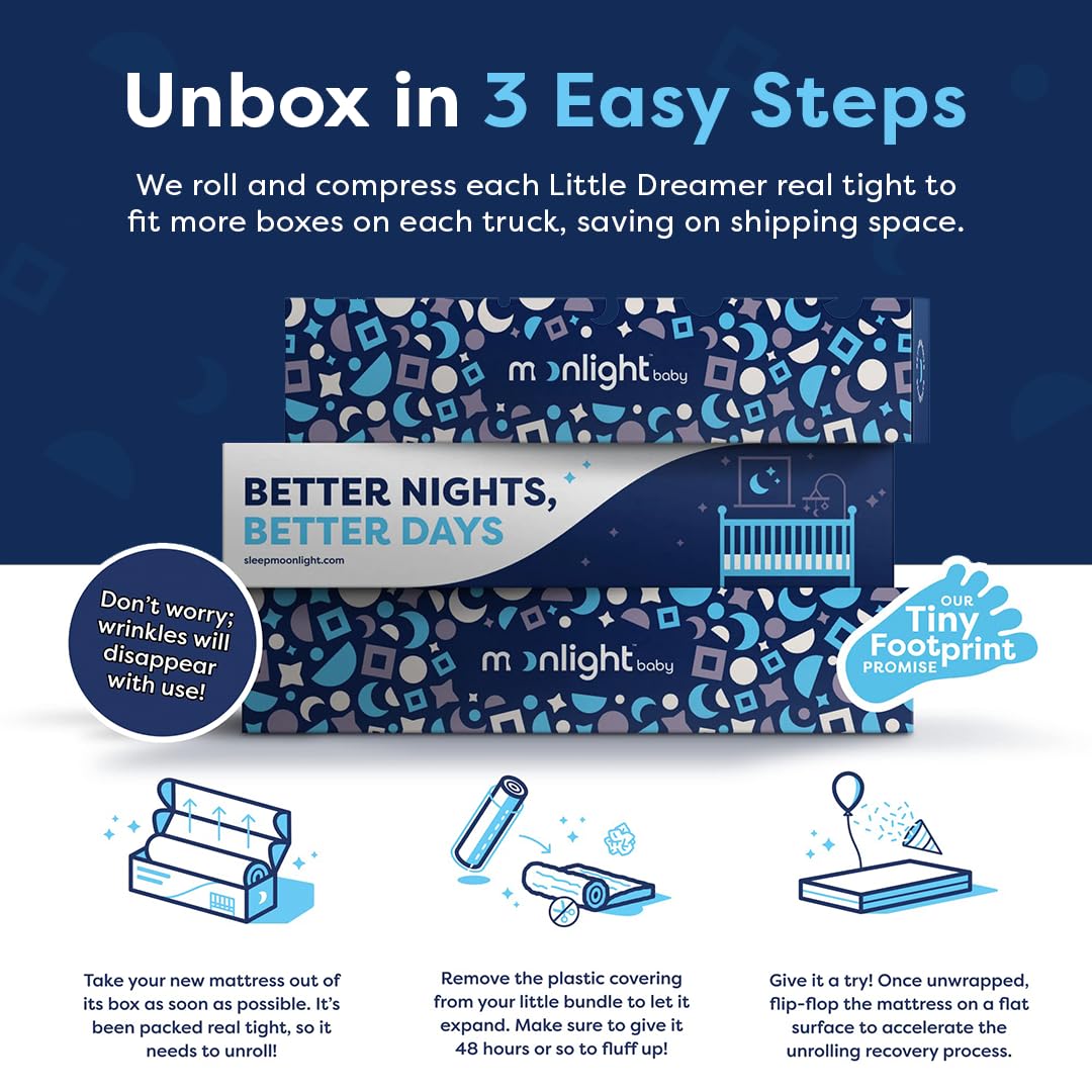 Moonlight Slumber Little Dreamer Mini Crib Mattress - Dual-Sided, 2-Stage Baby and Toddler Mattress with Plush and Extra Firm Layers and Waterproof Cover - 38"x 24"x 5"