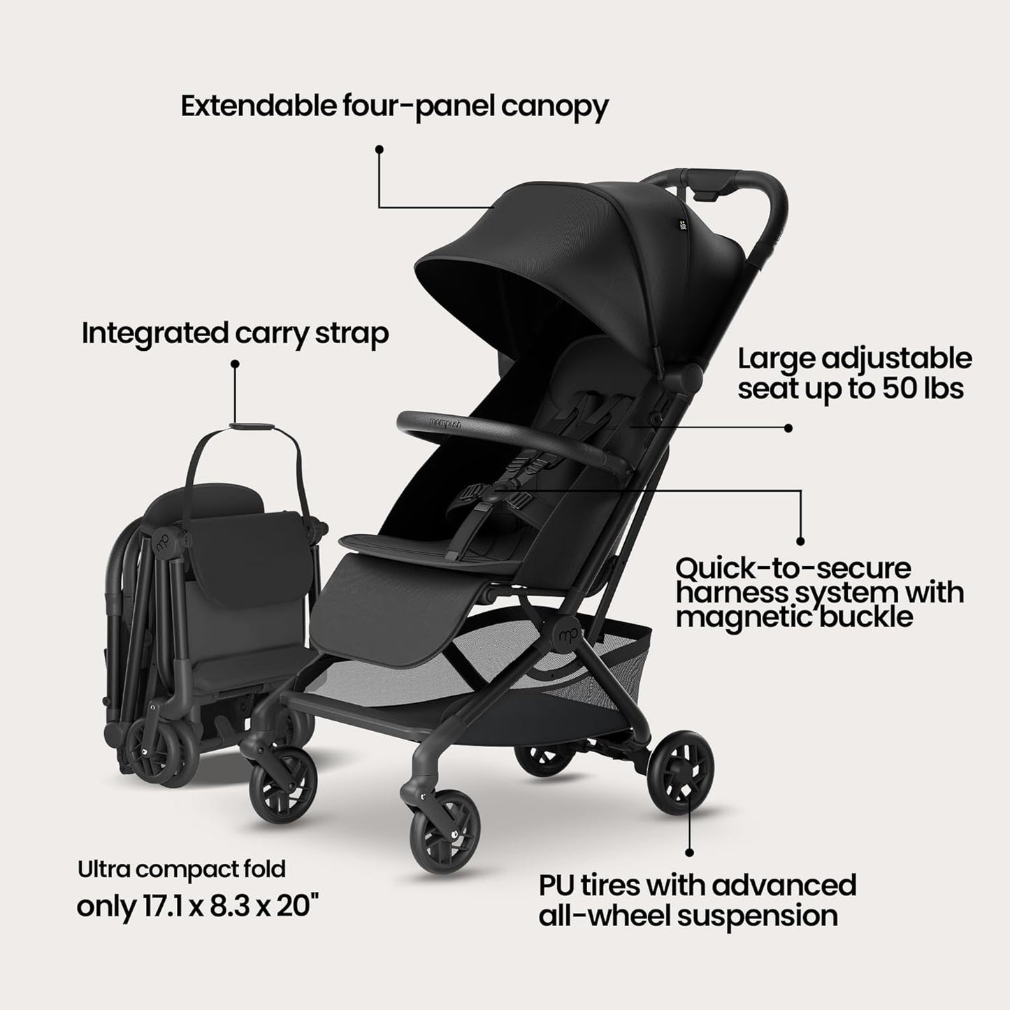 Mompush Velo Lightweight Travel Stroller – One-Hand Fold, Ultra-Compact & Airplane Friendly, Lie-Flat Recline Seat (from Birth to 50 lbs), Includes Cup Holder, Shoulder Strap, and Leather Bumper Bar