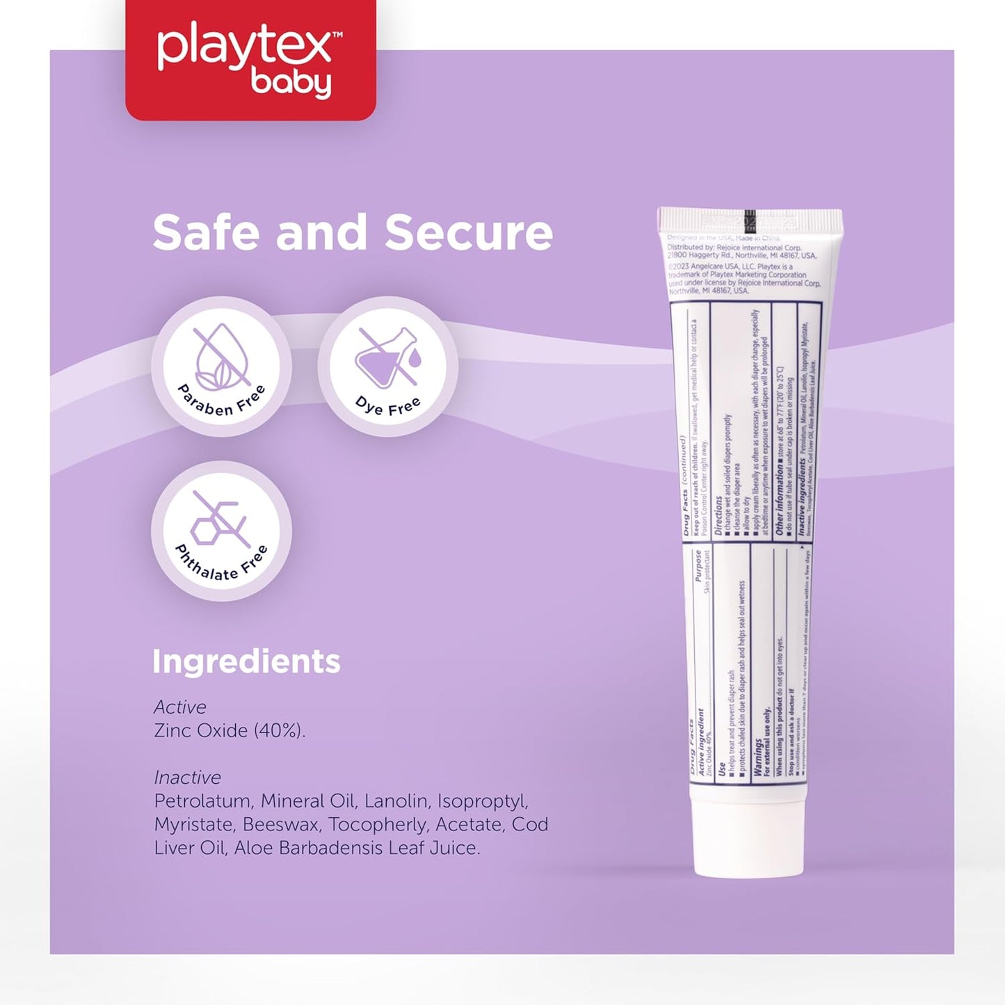 Playtex Baby Diaper Rash Cream, 2.5 oz. Tube, 3-Pack, Dermatologist Tested 40% Zinc Oxide Diaper Cream, Fragrance Free, Hypoallergenic, Free of Dye, Parabens and Phthalates