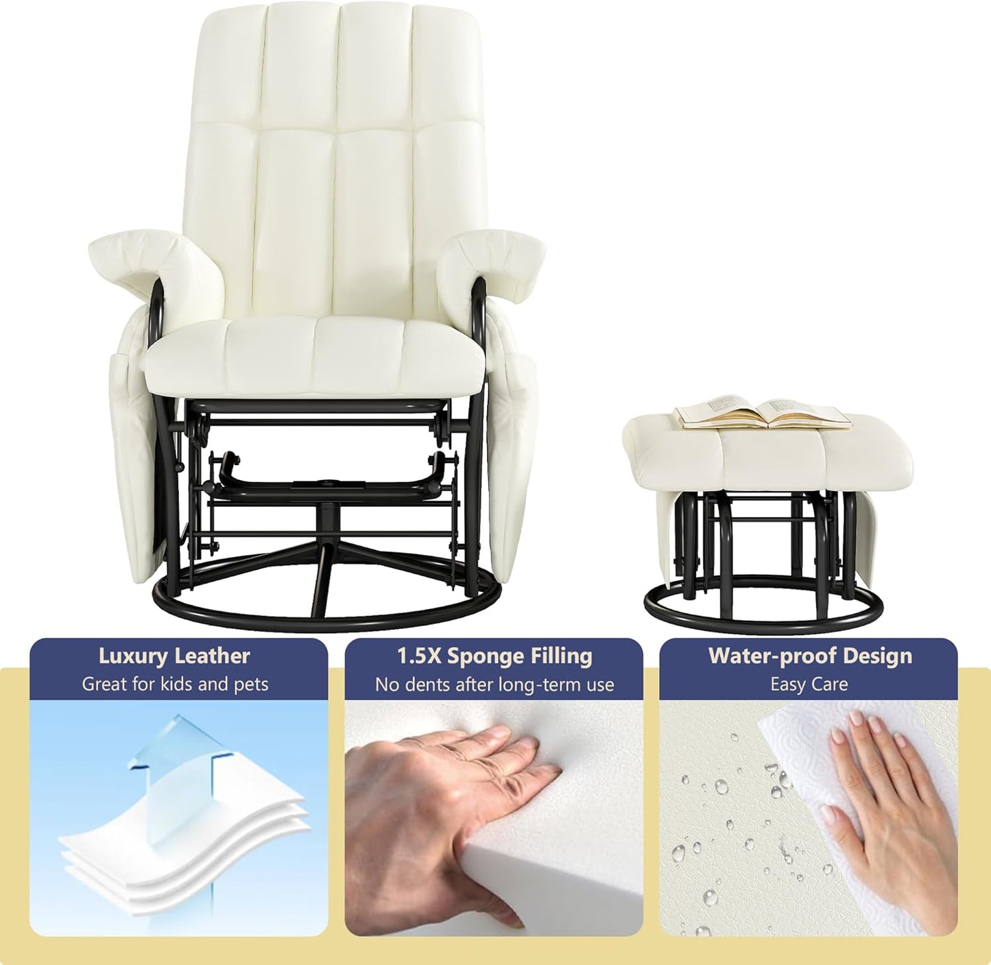 AODAILIHB Swivel Glider Recliner with Ottoman, 360 Rocking Chair with Foot Rest Recliner Chair Indoor Rocking Chair with Side Pockets Nursery Chairs for Living Room, Bedroom, Office (White)