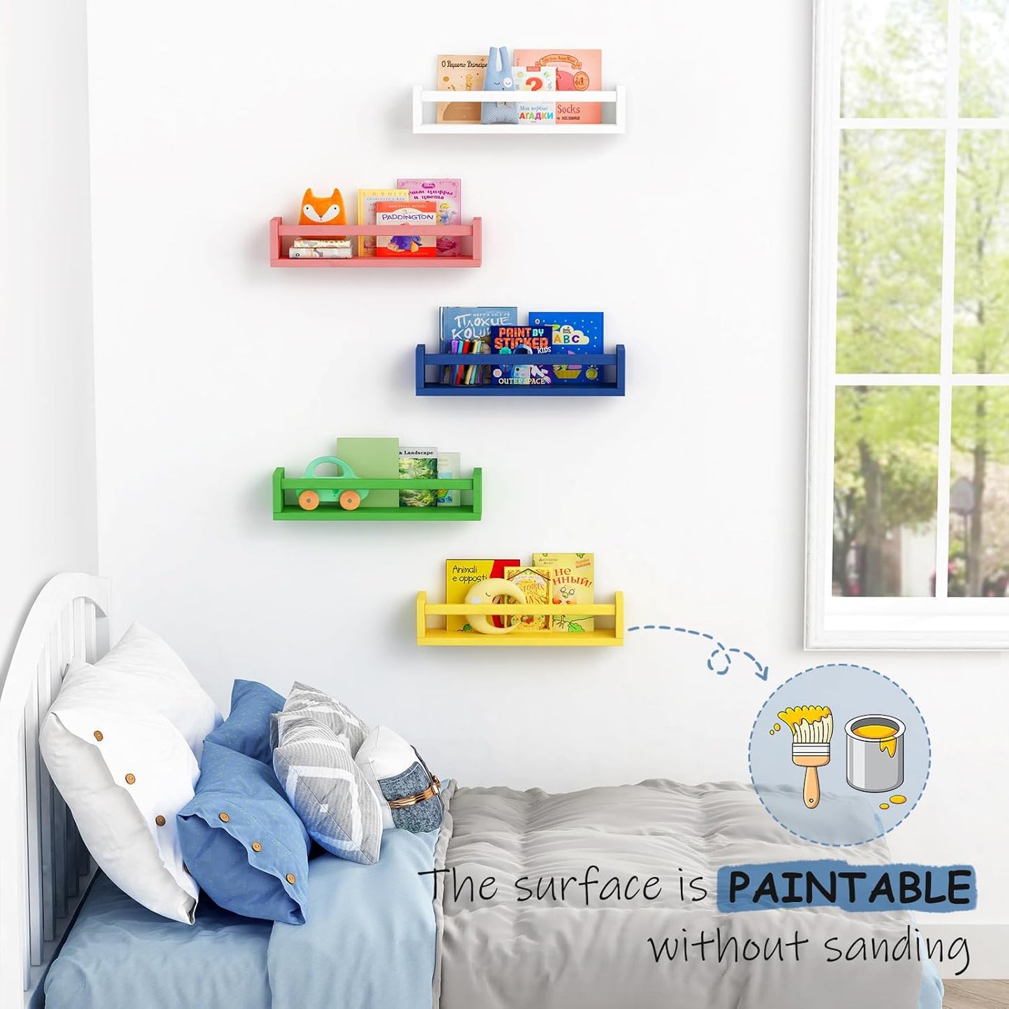 Walnut Brown Nursery Book Shelves Wall Mounted, Wooden Floating Bookshelf for Kids Room Bedroom, Dark Wood Nursery Bookshelves for Kitchen Classroom Playroom (Solid Pine, 3-Pack)