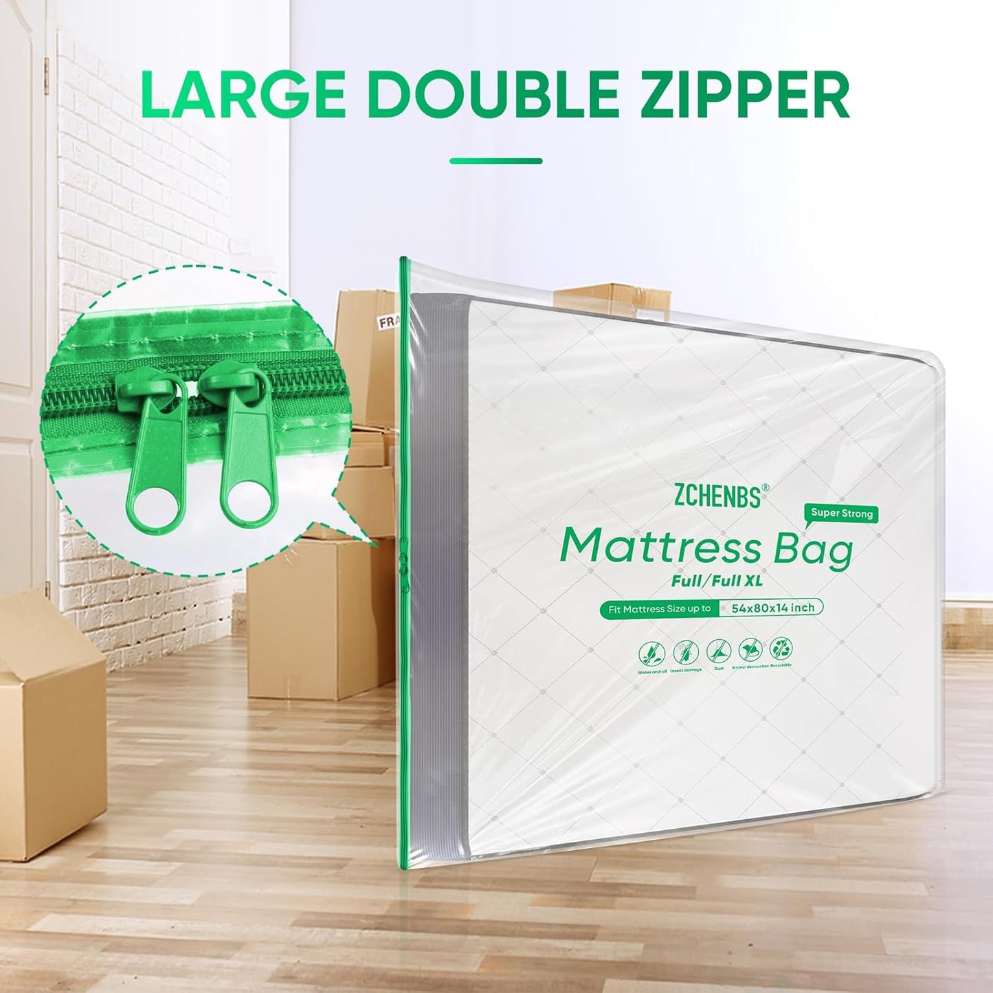 ZCHENBS® – Mattress Bags for Moving and Storage,Mattress Bag with Zippers,5 Mil Ultra-Thick Bed Bag,Waterproof,Anti-Tear,Heavy-Duty Mattress bag (Tansparent/Green, Full/Full XL-(2 Pack))