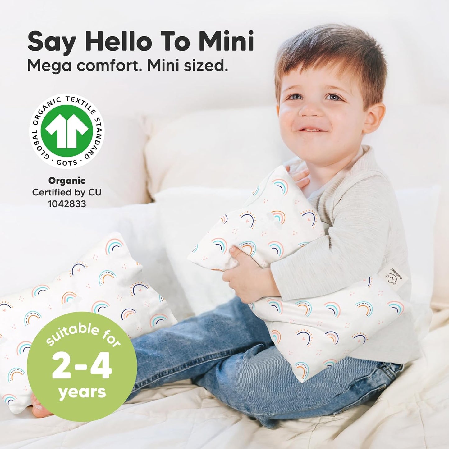 Mini Toddler Pillow with Pillowcase - 9x13 My Little Dreamy Travel Kids Pillow for Sleeping, Toddler Bed, Small, Tiny, Organic Cotton Pillowcase, Soft & Breathable, Kids 2-4 Years Old (Jolly Rainbow)