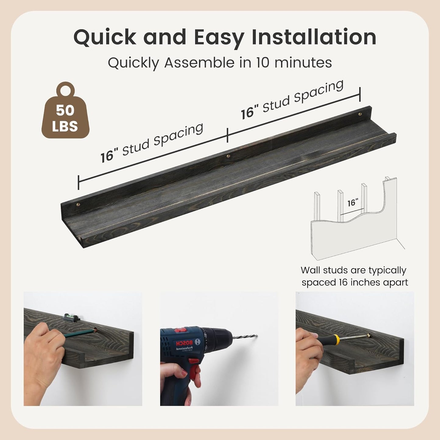 Picture Ledge Wall Shelves - 36 Inch Width Set of 3, Solid Pine Wood Rustic Floating Ledge Shelves for Kids' Room, Bedroom, Kitchen, Bathroom, Living Room, Nursery Display Wall Decor, Grey