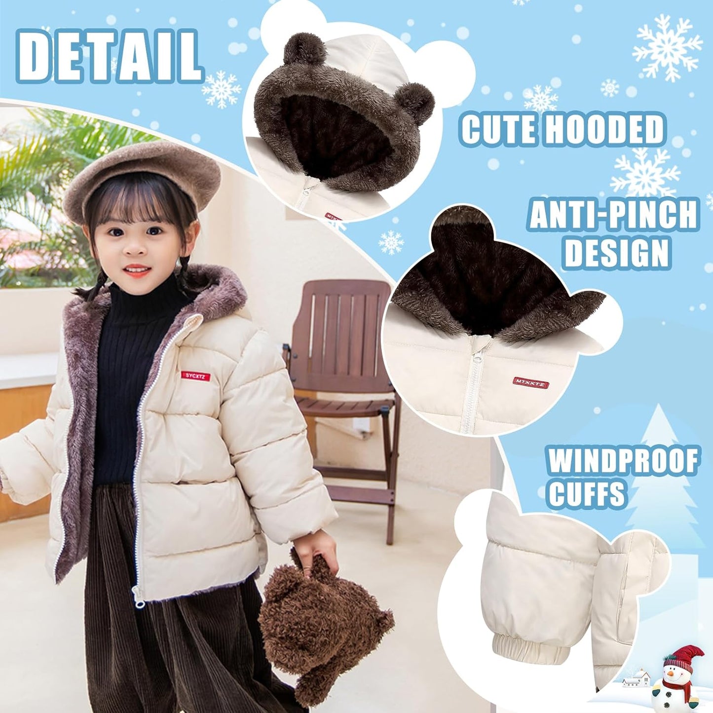 Infant Baby Winter Coat Bear Hooded Jacket Warm Fleece Snowsuit Windproof Outerwear for Toddler Boy Girl 9M-4T
