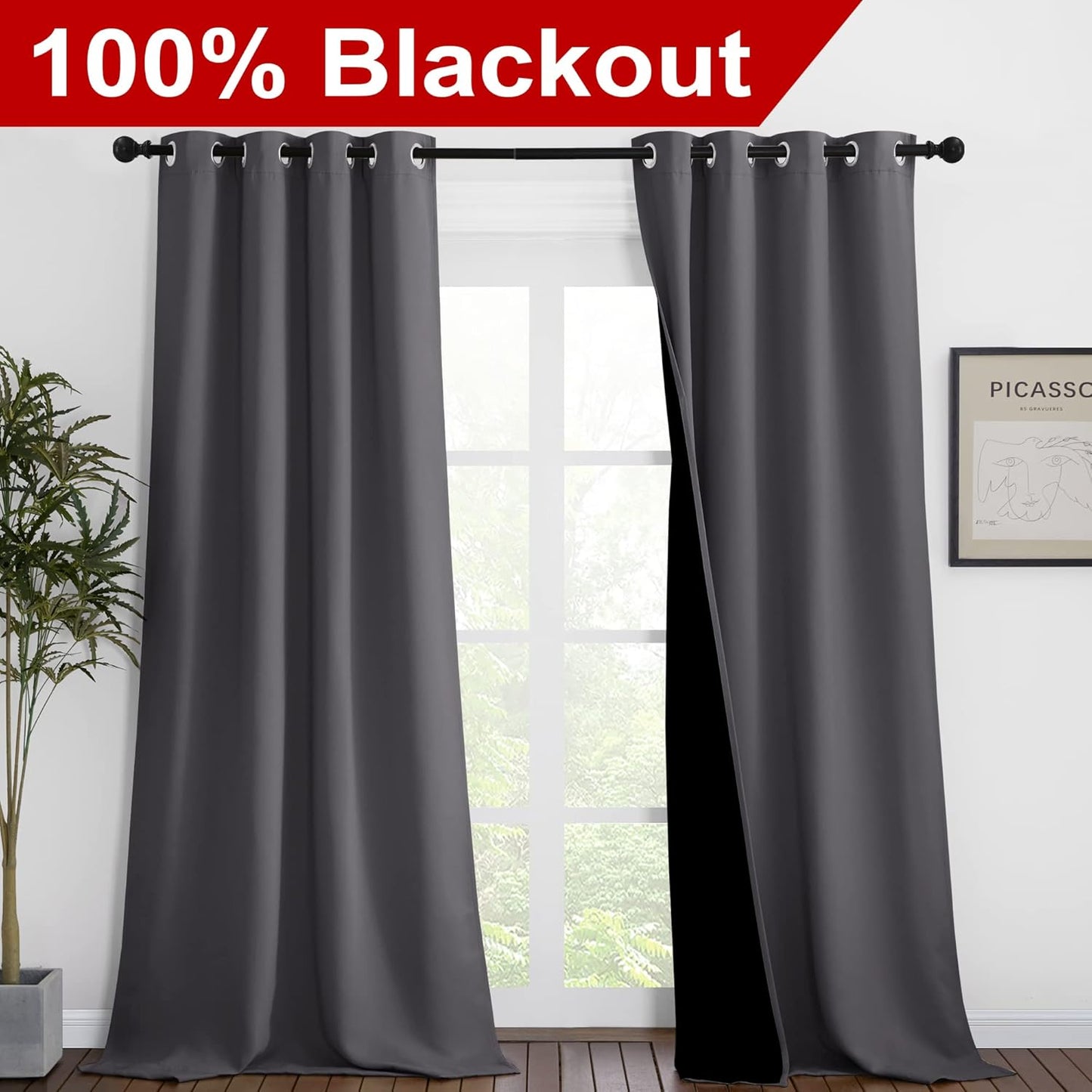 NICETOWN 100% Blackout Blinds, Set of 2, 46" x 102", Laundry Room Decor Window Treatment Curtains for Large Patio Sliding Door, Thermal Insulated Grey Curtains for Bedroom