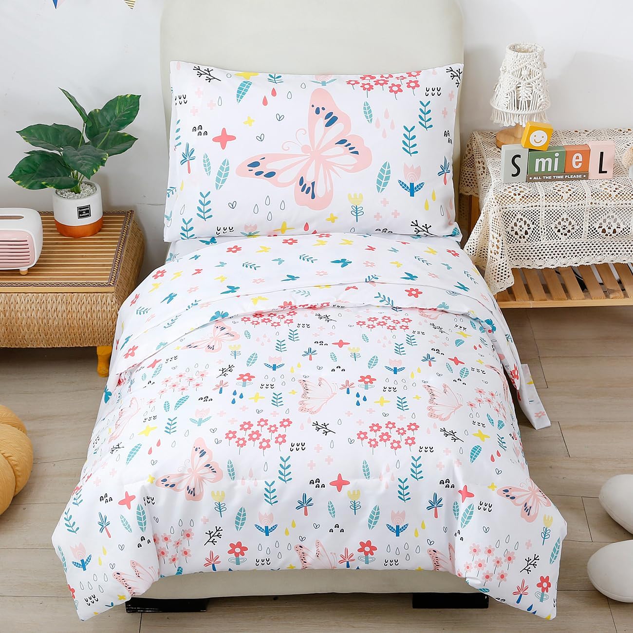 PERFEMET Girls Toddler Bedding Colorful Flower Blossom Comforter Set Butterfly Print Toddler Bedding Sets Ultra Soft Lightweight Bed-in-A-Bag for Toddlers(4 Pieces, White)