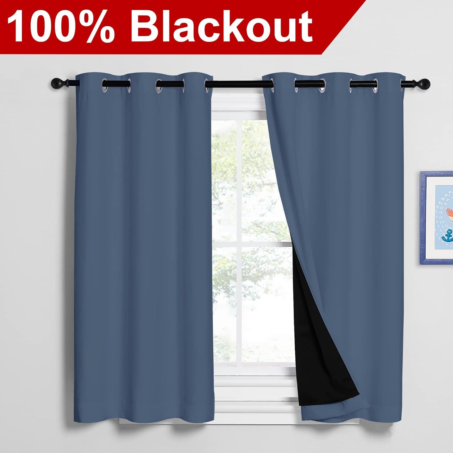 NICETOWN Stone Blue 100% Blackout Curtains 2 Panels Set Burg, Thermal Insulated Full Blackout 2-Layer Lined Drapes, Energy Efficiency Window Draperies for Boy's Room (42-inch W by 54-inch L)