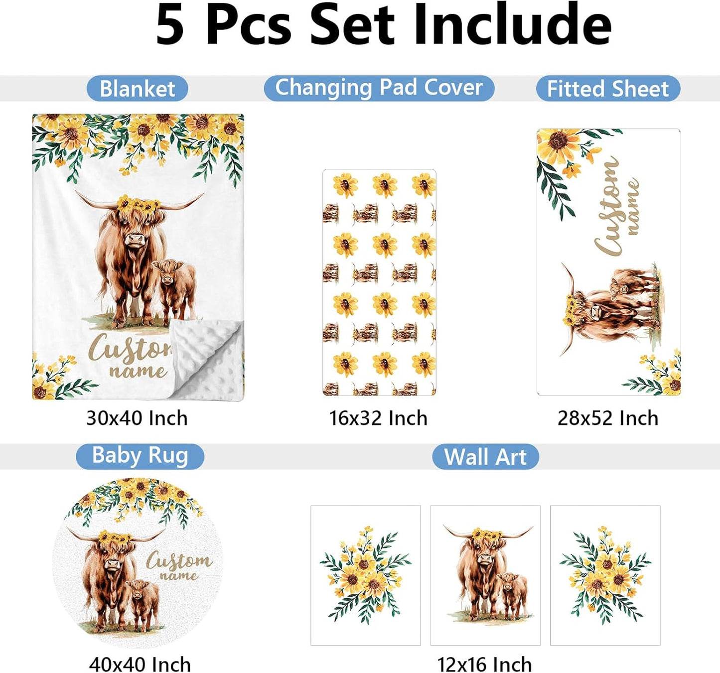 Personalized Baby Crib Bedding Set, 5 Pcs Custom Name Bedding Set, Double Layer Nursery Bedding Set for Boy Girl, Highland Cow Baby Crib Set, Gift for Toddlers Infants New Parents