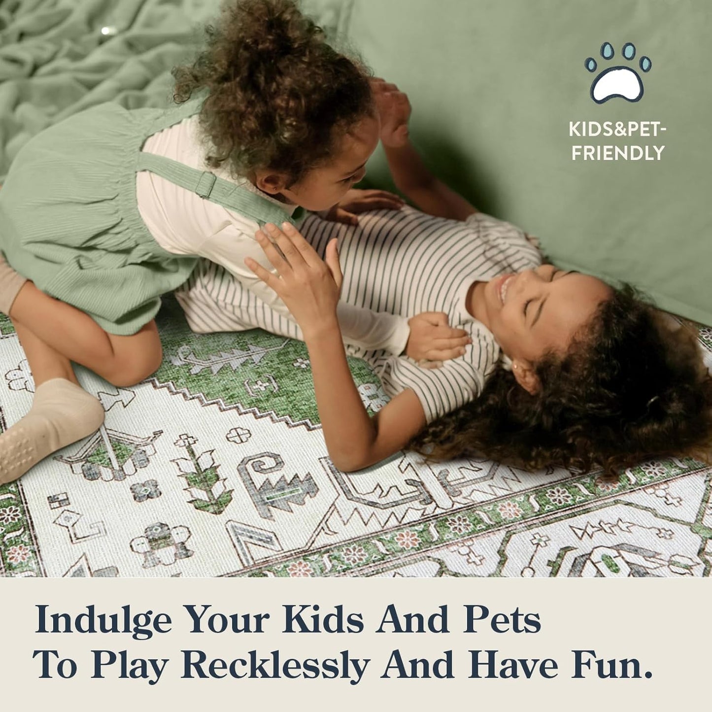 Lahome Boho Indoor Rugs for Entryway - 2x3 Area Rug Non-Slip Backing Washable Inside Door Mats Low-Profile Throw Rugs for Bathroom, Vintage Print Distressed Rug for Kitchen Bedside (Green, 2'x3')