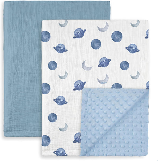 GLLQUEN BABY Blankets for Unisex Boys Girls, 2-Pack Muslin Cotton Front Soft and Breathable, and Dotted Fleece Backing, Printed Bed Nursery Minky Blankets for Toddler Newborn, Space, 30 x 40 inches