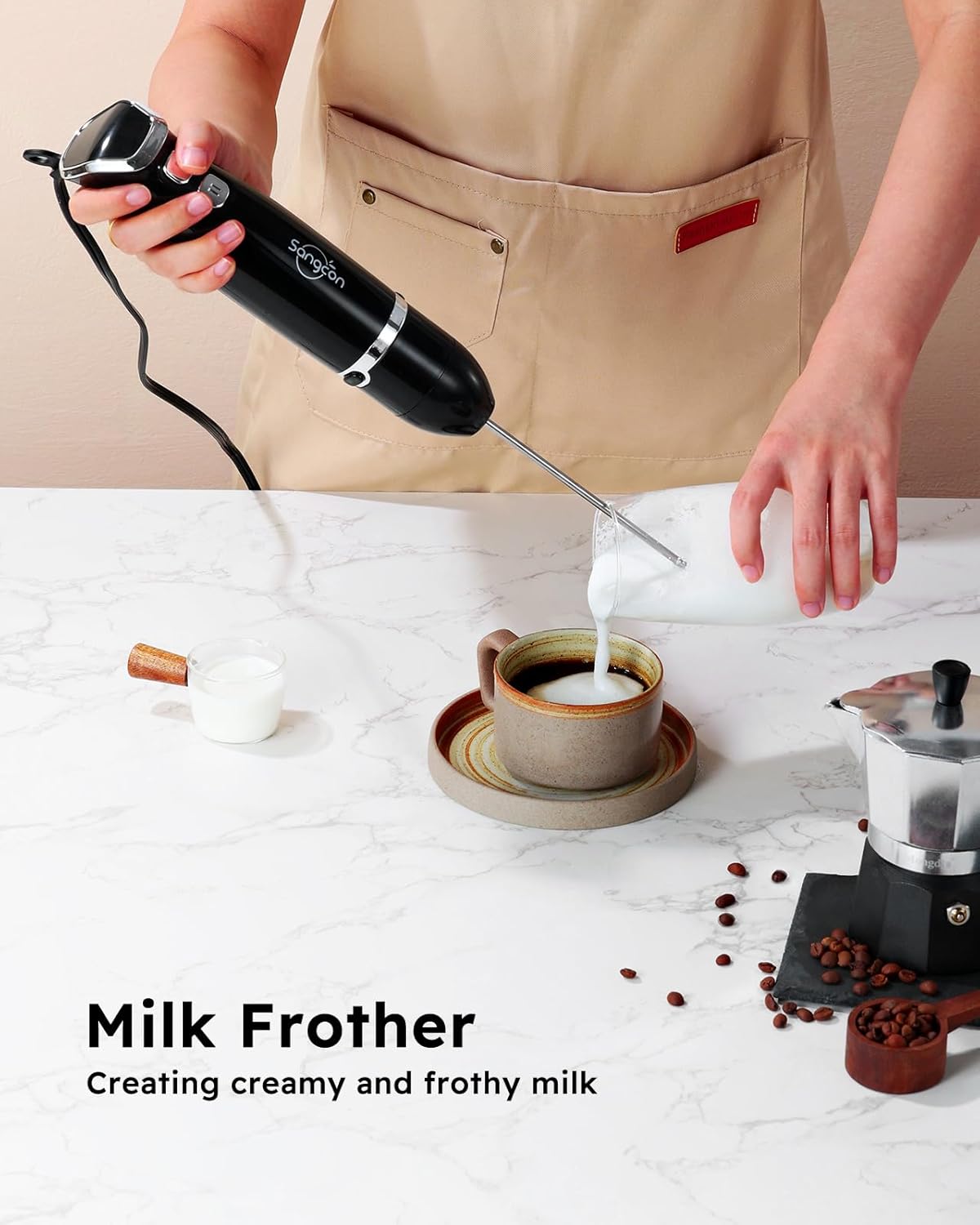 Sangcon 5-in-1 Immersion Blender Handheld, Hand Blender with 1000ml Blending Cup Storage Base, 2-Speed Adjustable Stick Blender, 304 Stainless Steel Blades, Detachable Blender, Whisk, Milk Frother