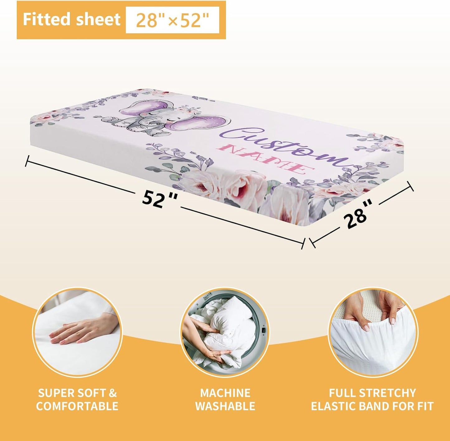 Personalized Baby Crib Bedding Set, 5 Pcs Custom Name Nursery Bedding Set, Purple Elephants Baby Bedding Set for Girls Boys, Double Layer Baby Crib Sets, Customized Gifts for Toddlers Infants