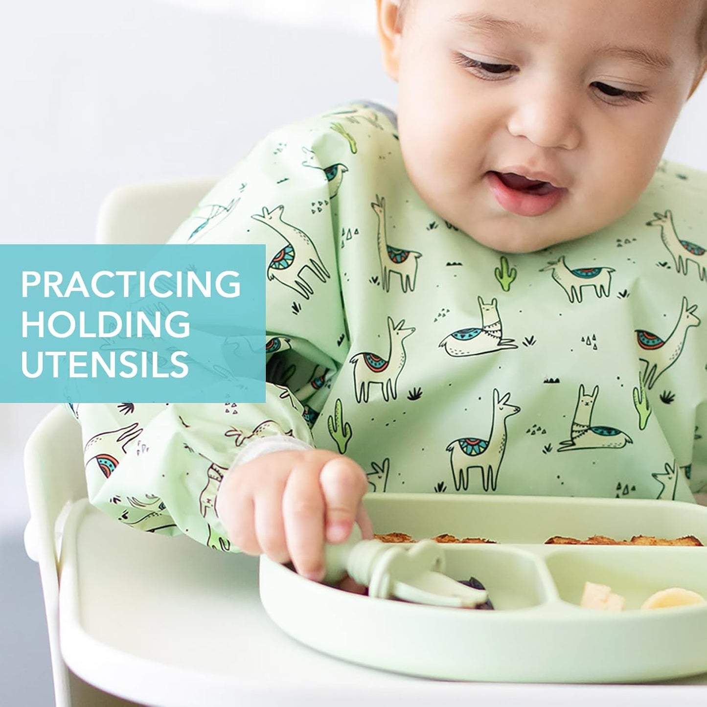 Bumkins Baby Utensils Set, Chewtensils Silicone Spoons for Dipping, Self-Feeding, Baby Led Weaning, Trainer Learning, First Stage Eating, Soft Practice Fork and Spoon, Babies 6 Months, Sage Green