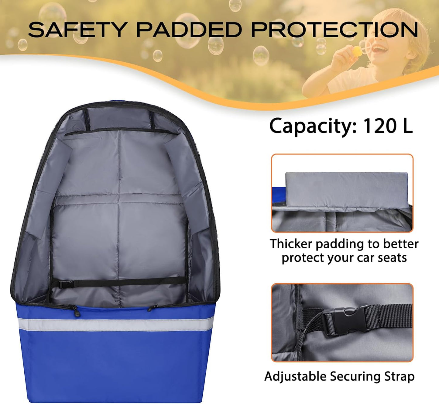 Car Seat Travel Bag for Airplane, Infant Seat Carrier with Shoulder Strap, Padded Backpack with Reflective Stripes, Blue