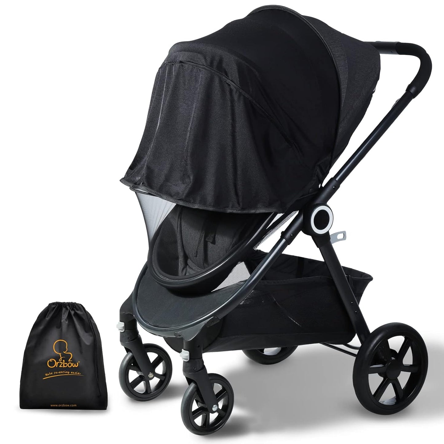 Orzbow 2-in-1 Baby Mosquito Net with UPF50+ Sunshade for Stroller, Breathable Stroller Mosquito Netting Privacy Cover with Two-Way Zipper & Storage Bag for Bassinet, Carrycot & Car Seat, Black