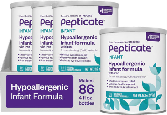 Pepticate Baby Formula, Hypoallergenic Powdered Infant Formula for Cow Milk Allergy, with Omega 3 DHA, ARA, Iron & Prebiotics, 13.2oz (Pack of 4)